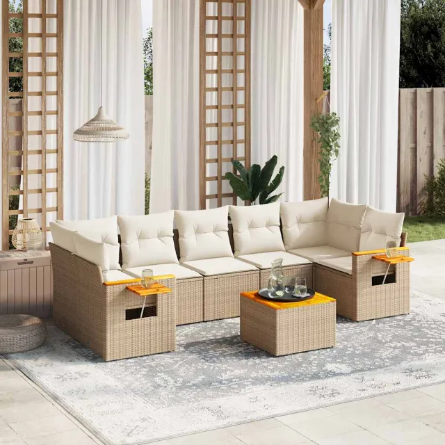 Salon de jardin avec coussins 8 pcs beige résine tressée