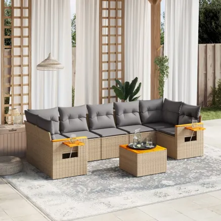 Salon de jardin avec coussins 8 pcs beige résine tressée