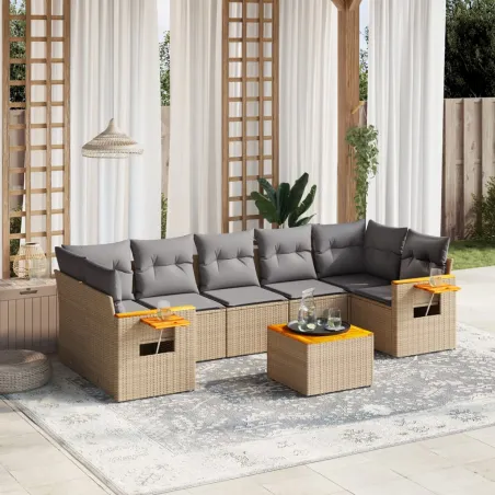 Salon de jardin avec coussins 8 pcs beige résine tressée