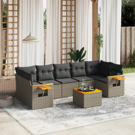 Salon de jardin 8 pcs avec coussins gris résine tressée