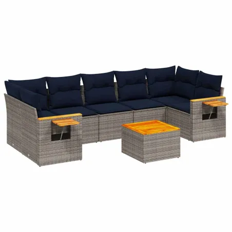 Salon de jardin 8 pcs avec coussins gris résine tressée