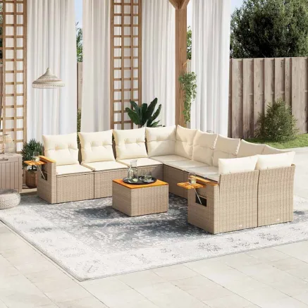 Salon de jardin avec coussins 9 pcs beige résine tressée