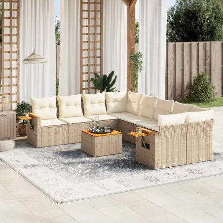 Salon de jardin avec coussins 9 pcs beige résine tressée