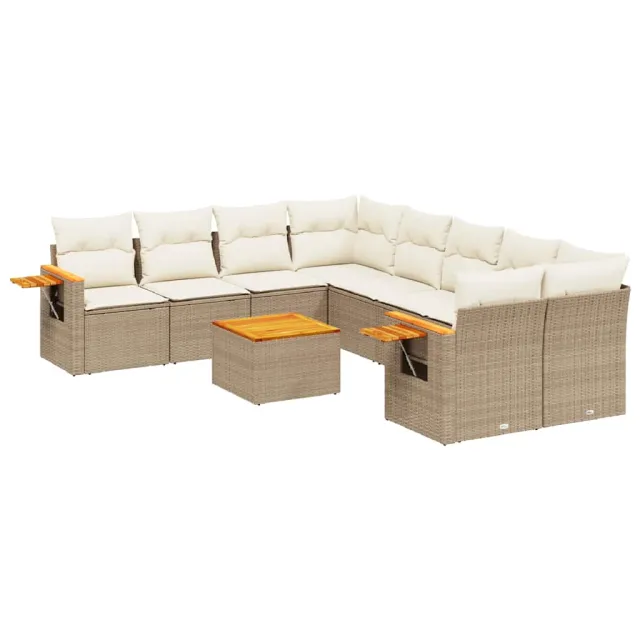 Salon de jardin avec coussins 9 pcs beige résine tressée