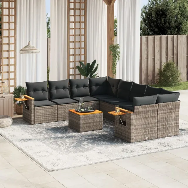 Salon de jardin 9 pcs avec coussins gris résine tressée