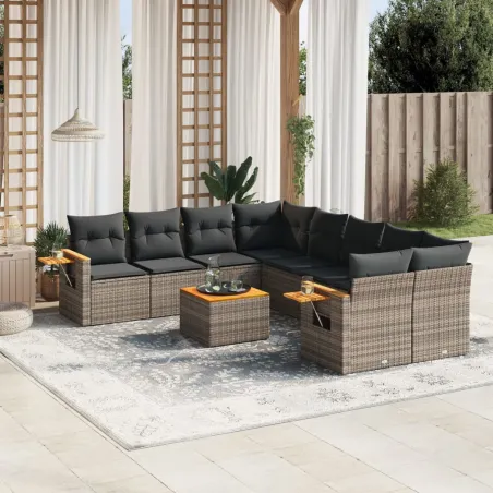 Salon de jardin 9 pcs avec coussins gris résine tressée