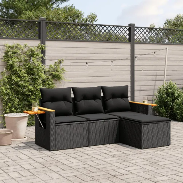 Salon de jardin 4 pcs avec coussins noir résine tressée