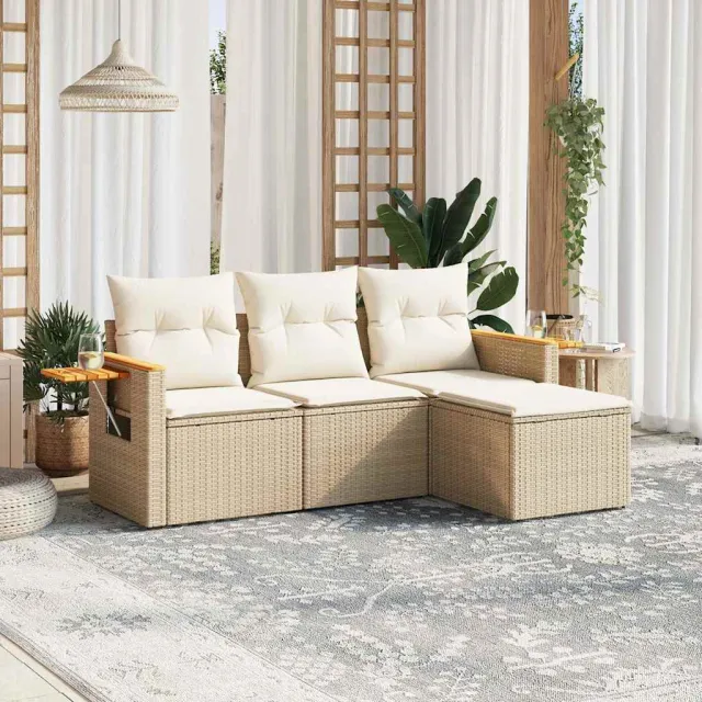 Salon de jardin avec coussins 4 pcs beige résine tressée