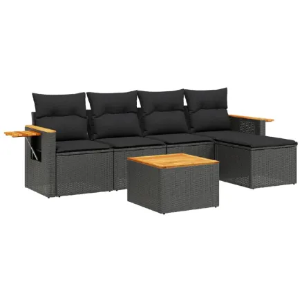 Salon de jardin 6 pcs avec coussins noir résine tressée 2
