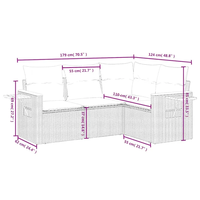 Salon de jardin 4 pcs avec coussins gris résine tressée