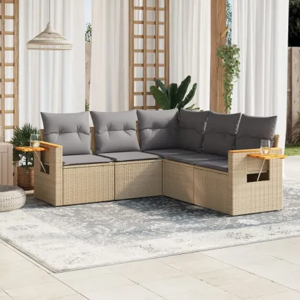 Salon de jardin avec coussins 5 pcs beige résine tressée