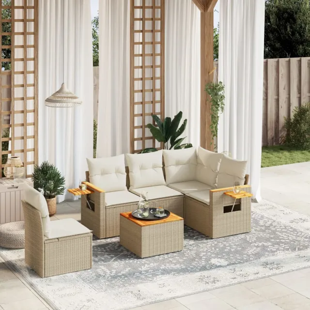Salon de jardin avec coussins 6 pcs beige résine tressée