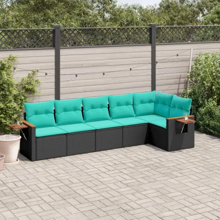 Salon de jardin 6 pcs avec coussins noir résine tressée