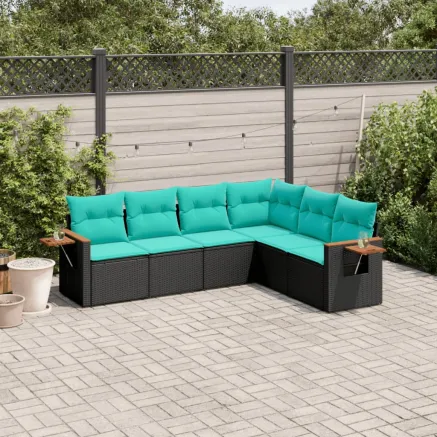Salon de jardin 6 pcs avec coussins noir résine tressée