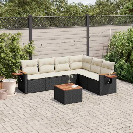 Salon de jardin 7 pcs avec coussins noir résine tressée