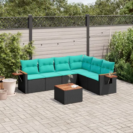 Salon de jardin 7 pcs avec coussins noir résine tressée