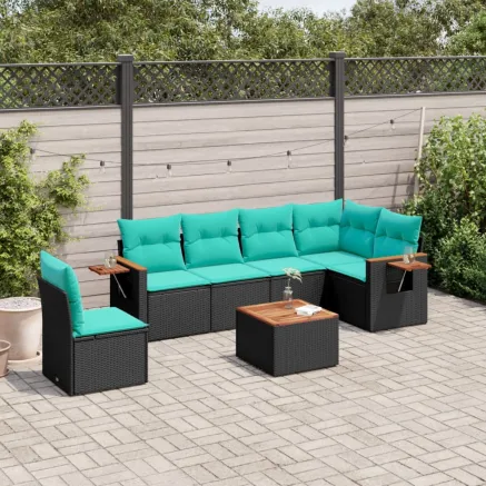 Salon de jardin 7 pcs avec coussins noir résine tressée
