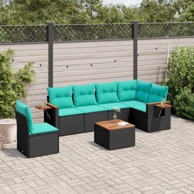 Salon de jardin 7 pcs avec coussins noir résine tressée