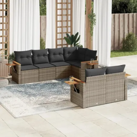 Salon de jardin avec coussins 7 pcs gris résine tressée