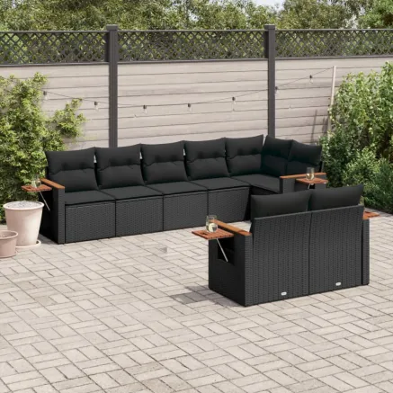 Salon de jardin 8 pcs avec coussins noir résine tressée