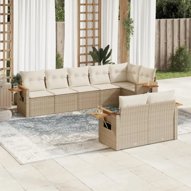 Salon de jardin avec coussins 8 pcs beige résine tressée