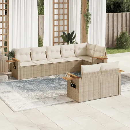 Salon de jardin avec coussins 8 pcs beige résine tressée