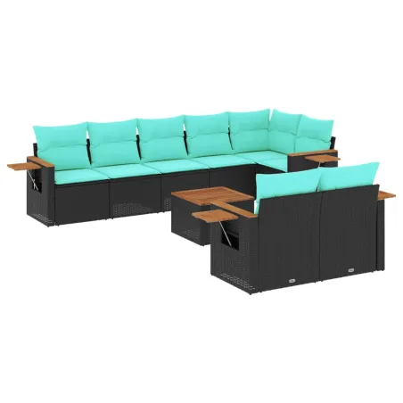 Salon de jardin 9 pcs avec coussins noir résine tressée