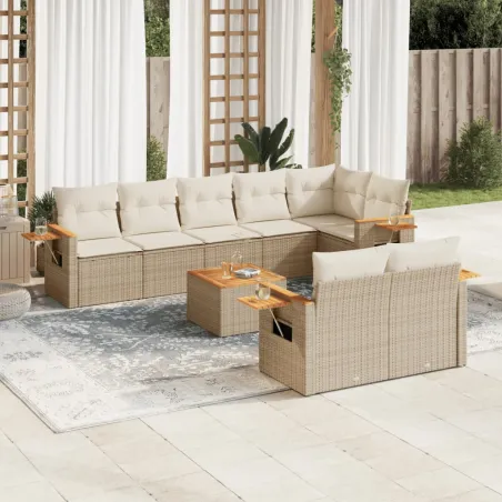 Salon de jardin avec coussins 9 pcs beige résine tressée