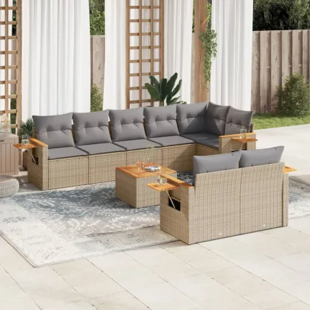 Salon de jardin avec coussins 9 pcs beige résine tressée