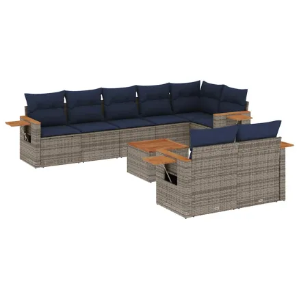 Salon de jardin 9 pcs avec coussins gris résine tressée 2