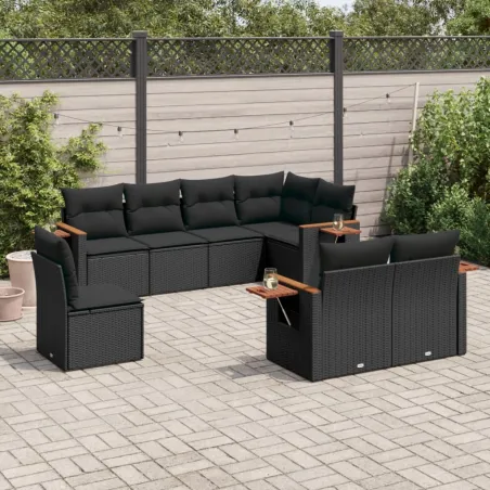 Salon de jardin 8 pcs avec coussins noir résine tressée