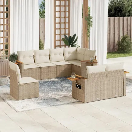Salon de jardin avec coussins 8 pcs beige résine tressée