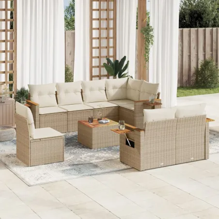 Salon de jardin avec coussins 9 pcs beige résine tressée