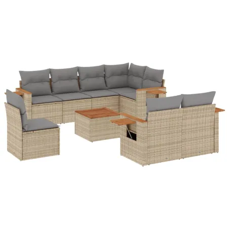 Salon de jardin avec coussins 9 pcs beige résine tressée