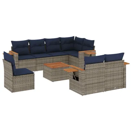 Salon de jardin 9 pcs avec coussins gris résine tressée 2