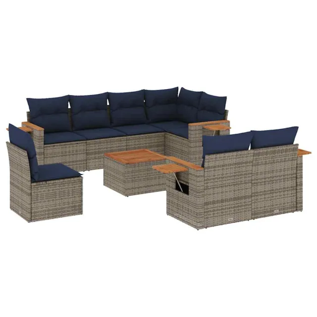 Salon de jardin 9 pcs avec coussins gris résine tressée