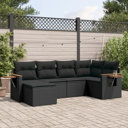 Salon de jardin 6 pcs avec coussins noir résine tressée