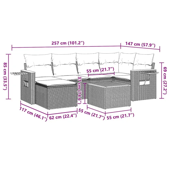Salon de jardin 7 pcs avec coussins noir résine tressée