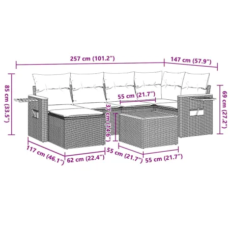 Salon de jardin 7 pcs avec coussins noir résine tressée