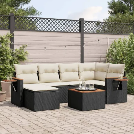 Salon de jardin 7 pcs avec coussins noir résine tressée