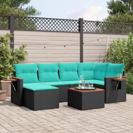 Salon de jardin 7 pcs avec coussins noir résine tressée