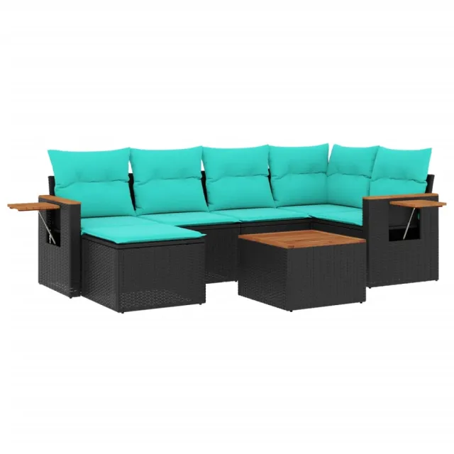 Salon de jardin 7 pcs avec coussins noir résine tressée