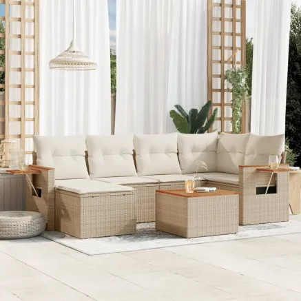 Salon de jardin avec coussins 7 pcs beige résine tressée