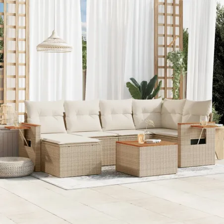 Salon de jardin avec coussins 7 pcs beige résine tressée