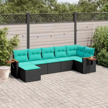 Salon de jardin 7 pcs avec coussins noir résine tressée