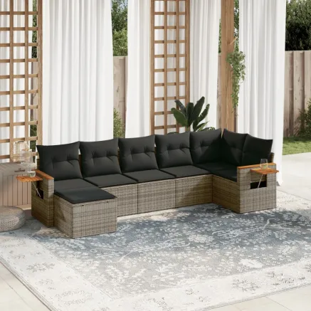 Salon de jardin avec coussins 7 pcs gris résine tressée