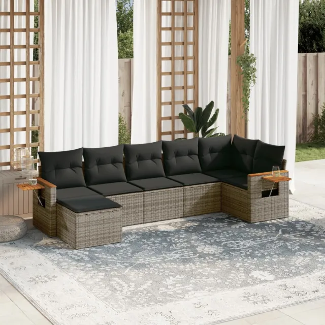 Salon de jardin avec coussins 7 pcs gris résine tressée