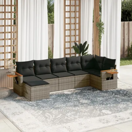 Salon de jardin avec coussins 7 pcs gris résine tressée
