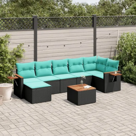Salon de jardin 8 pcs avec coussins noir résine tressée