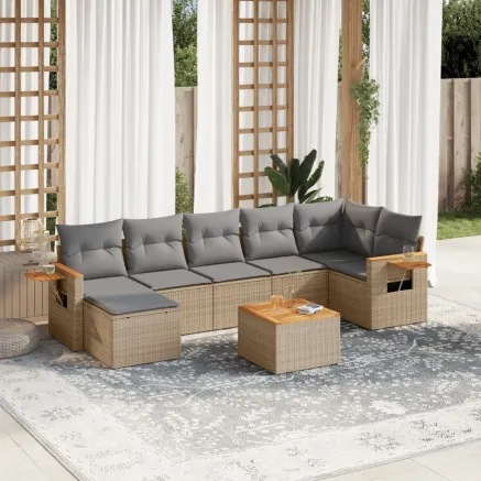 Salon de jardin avec coussins 8 pcs beige résine tressée